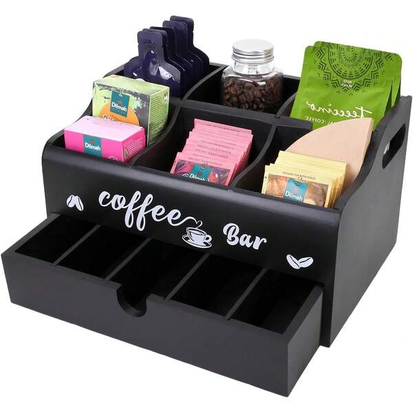 YUNRUICHI Coffee Station Organizer For Countertop Wooden Coffee Bar Accessories Storage With Drawer Detachable Coffee Pods Holder And Basket For Sugar Creamer