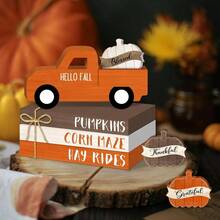 8 Pcs Fall Table Decorations Pumpkin Tiered Tray Decor, Farmhouse Wood Faux Book Stack Truck Sign Rustic Pumpkins Centerpiece Home Kitchen Shelf Autumn Harvest Thanksgiving