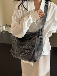 1pc Casual Retro Dark Grey Fabric Tote Bag, Large Capacity Multi-Pocket Shoulder Messenger Bag, Fashionable Unisex Zipper Closure Belt Buckle Stitching Fabric Handbag