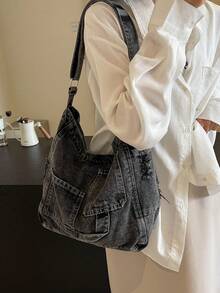 1pc Casual Retro Dark Grey Fabric Tote Bag, Large Capacity Multi-Pocket Shoulder Messenger Bag, Fashionable Unisex Zipper Closure Belt Buckle Stitching Fabric Handbag