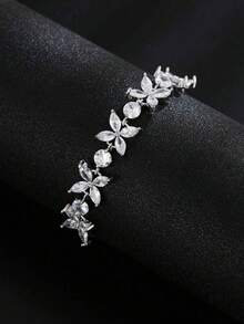 1 chiếc vòng tay xích bạc đính đá Cubic Zirconia thời trang dành cho nữ, thích hợp cho các bữa tiệc, ngày lễ và đeo hàng ngày - Bạc - Xem 5
