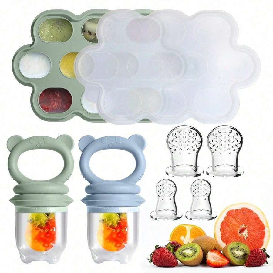 Baby Food Feeder Set, 1 Packs Fruit Feeder & Breastmilk Popsicle Molds Freezer Tray With Lid, Silicone Fruit Feeder To Teething Relief, Introduce New Foods, Baby Feeding Essentials ,  Silicone Baby Food Freezer Trays,Baby Popsicle Molds Teething,Baby Fruit Feeder , Baby Food Pacifier Feeder