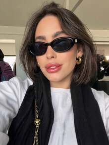 1 件复古经典小框椭圆形女士眼镜，高端个性化街头风格百搭时尚眼镜椭圆形太阳镜 - 黑色 - 查看 2