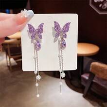 1 Pair Of Fairy Sweet Butterfly Earrings High-End Socialite Style Long Tassel Face-Slimming Earrings - Màu tím - Xem 6