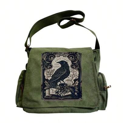 Large Capacity Crow Print Shoulder Bag, Vintage Flap Tote Crossbody Messenger Handbag Unisex, Suitable For Various Occasions - Shopping, Travel, Dining, Gifts, Large Crossbody Bag, Small Ladies Handbag, High-Quality Women's Backpack, Elegant Mini Shoulder Bag, Durable Fabric Material,Ionable Trend, Laptop Case, School Bag, College-Style Student Shoulder Bag, Suitable For Work, School, And Outdoor Activities