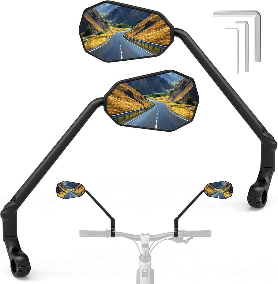 2 Unidades Espejo de Bicicleta con Palanca Extra Larga y Espejo Grande HD, Barra de Conexión Ajustable 360 ° , Compatible con Manillar Universal de 22-25.5mm : Deportes y Aire Libre - 1 - Ver 1