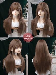 alicegarden 1 Synthetic Heat-Resistant Wig With Bangs, Brown Long Straight Wig, 30 Feet Long, Made Of Fiber, Suitable For Daily Use, Natural Simulation Wig