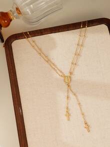 1 件十字架和耶稣吊坠 Y 形串珠项链，适合女性信仰、祈祷、聚会、派对和日常佩戴（珠子数量随机） - 金色 - 查看 4