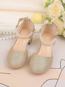 花童鞋适合婚礼、派对、节日，适合所有年龄段的女孩，儿童鞋，经典舒适百搭，金色简约珍珠闪亮高跟鞋，正式礼服、表演、芭蕾、玛丽珍、公主鞋 - 金色 - 查看 5