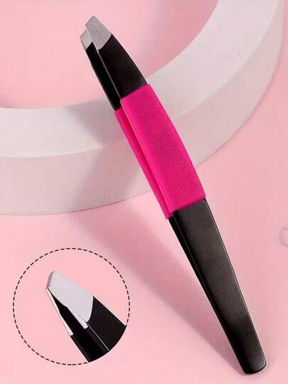 1 Stück professionelle abgewinkelte Edelstahl Präzisions-Augenbrauenpinzette, schwarze Pinzette mit pinkem Nicht-Silikon-Griff, unisex, ideales Werkzeug zur Gesichtshaarentfernung, professionelles Make-up Werkzeug