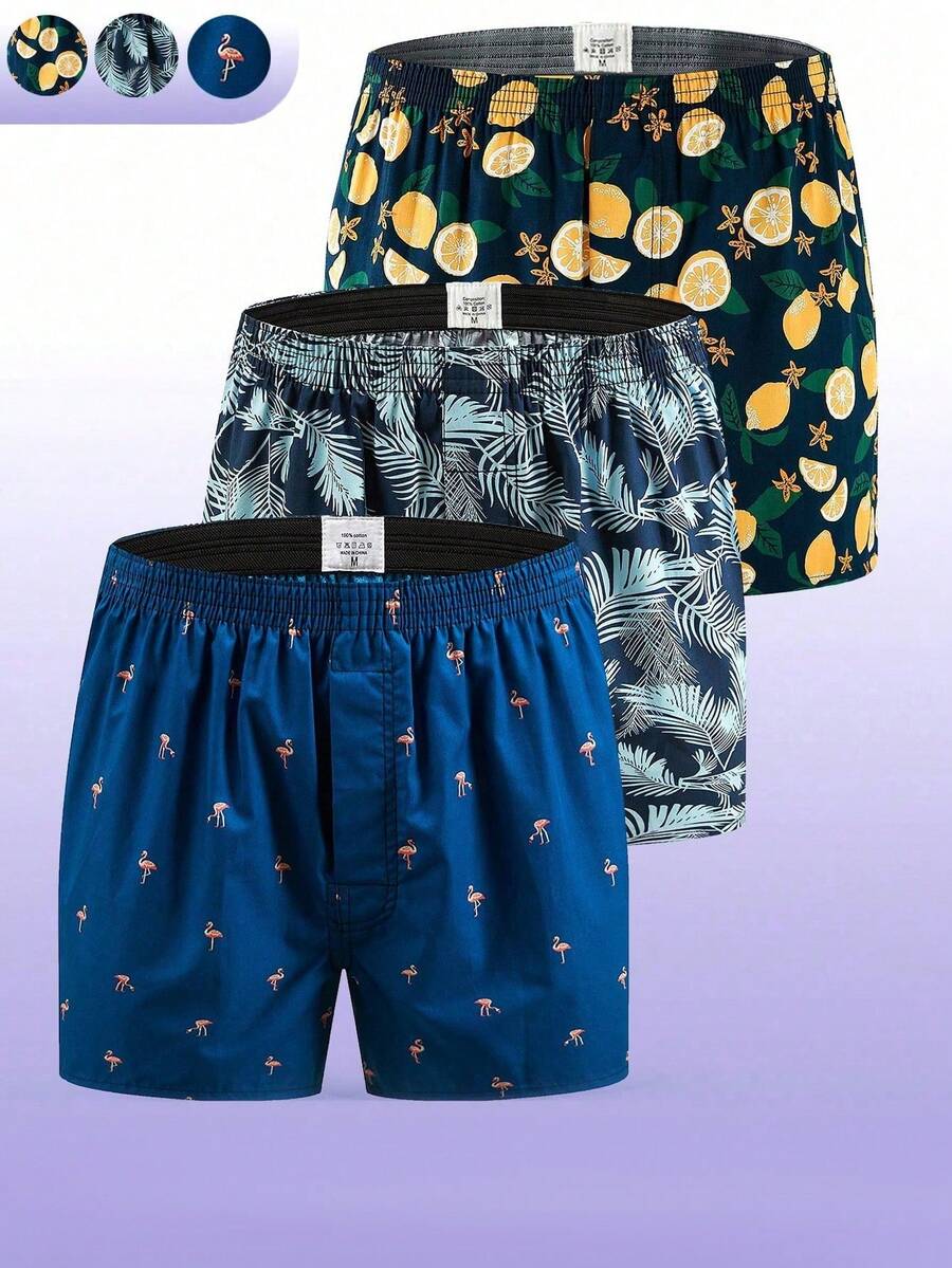 3 件装男士混色印花 Aro 三角裤休闲平角内裤舒适睡裤 - 彩色 - 查看 1