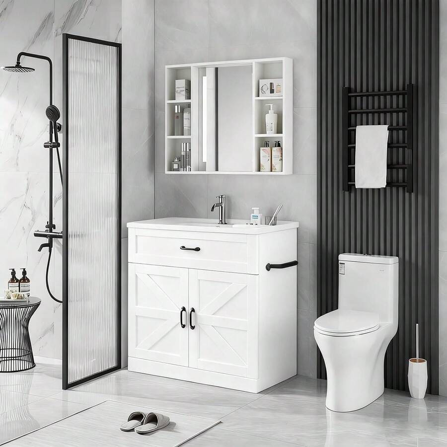 31 Inch Bathroom Vanity With Sink, Farmhouse Freestanding Bathroom Cabinet With Drawer & 2 Barn Doors, Black/ White - 白色 - 查看 1