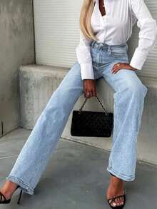 Women's Fashionable Casual Loose Fit Wide Leg Distressed Denim Pants - Light Wash - View 4