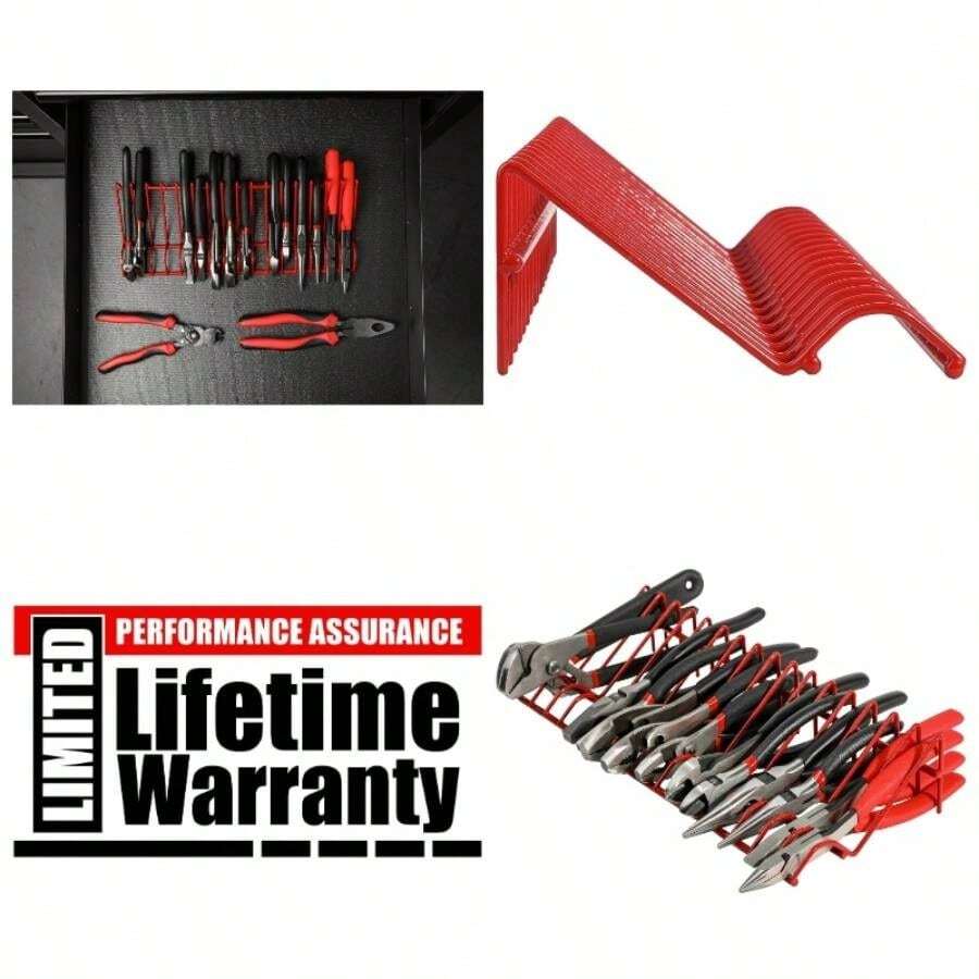 62003 - Rack rojo para alicates de 16 ranuras - Mantenga los alicates organizados en el cajn de herramientas - Las ranuras de 3/4 de pulgada se ajustan a la mayora de los alicates - El revestimiento de PVC protege los alicates y evita el deslizamiento - Rojo - - Ver 1