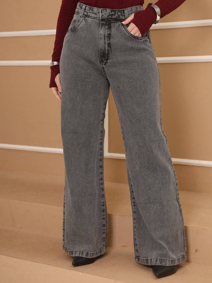 Women's Wide Leg Jeans, Luxury Straight Cut, 100% Jeans, High Waist, Butt Lifting - 灰色 - 查看 1