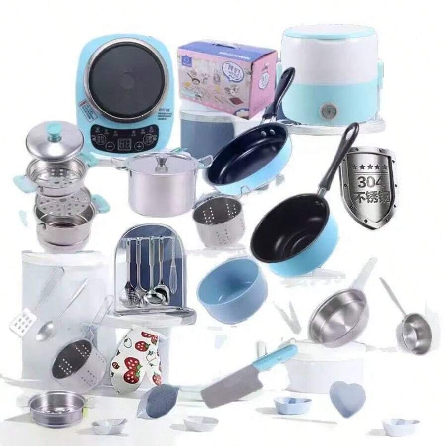 Children's Educational Toys, Real Kitchen, Complete Set Of Mini Kitchen, Network Celebrity, Can Cook Rice, Simulation Kitchenware - Blue - View 1