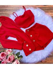 Women's 3-Piece Social Set Blazer + Cropped Top + Short Skirt With Trijunto Details - 紅色 - 查看 5