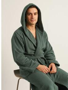 2-Piece 100% Cotton Unisex Bathrobe Set – Black & Green Color Options, Fluffy Hooded Robes For Women & Men, Terry Cloth, Soft With Long Belt – Ideal For Spa, Sauna & Daily Use – S/M & L/XL – Made In Turkey - 墨綠色 - 查看 8