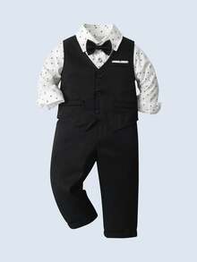 BOARNSEORL 3 件套年轻男孩绅士套装：蝴蝶结长袖衬衫、吊带工装裤和背心，时尚休闲西装，适合生日派对、婚礼、洗礼、节日正式穿着 - 黑色 - 查看 10