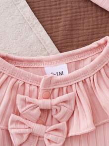 Baby Girl Soft & Skin-Friendly Jumpsuit, Pink, Round Neck Long Sleeve With Ruffle, Bow Decor, Button Front, All Season