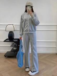 Sodalemon Damen Training Outdoor Gym Set Langarm Reißverschluss Jacken, lose Zugkordel Fitness Hosen, Fleece Athletik Sport Sets