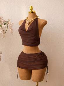 Bộ bikini gợi cảm mới dành cho nữ: Áo hai dây hở lưng, áo buộc dây bên hông, chân váy ngắn buộc dây bên hông, đồ bơi mùa hè. - màu nâu - Xem 8