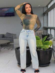 Steph T Áo lưới mỏng nhuộm loang không áo ngực, áo đi chơi lễ hội, quần áo mùa thu, áo dài tay cho nữ - Nhiều màu - Xem 2