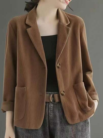 เสื้อสูทผู้หญิงผ้ากำมะหยี่เนื้อนุ่มลายทางแนวตั้งสีฟ้าย้อนยุค ทรงหลวม ใส่สบาย มีกระดุมแถวเดียว หากคุณผอม กรุณาซื้อขนาดเล็กกว่าปกติหนึ่งขนาด;ลำลองและใช้งานได้หลากหลาย