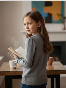 Suéter gris de niña, manga larga, tejido suave y cómodo, con diseño de perrito francés decorado. Ideal para otoño e invierno, perfecto para diario o regalo especial, moderno, fácil de combinar y lavar. ¡Un must para niñas amantes de mascotas! - Gris - Ver 3