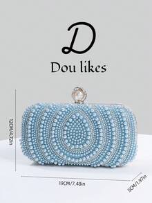 优雅的泪珠蓝珍珠晚装手拿包，适合旗袍的高端订婚手提包，配有金属链，优雅的女士派对手拿包适合舞会、婚礼、毕业舞会、正式晚宴/宴会，完美搭配女士毕业舞会礼服、毕业舞会配饰、亮片礼服、闪亮礼服、女士优雅礼服。 - 藍色 - 查看 8