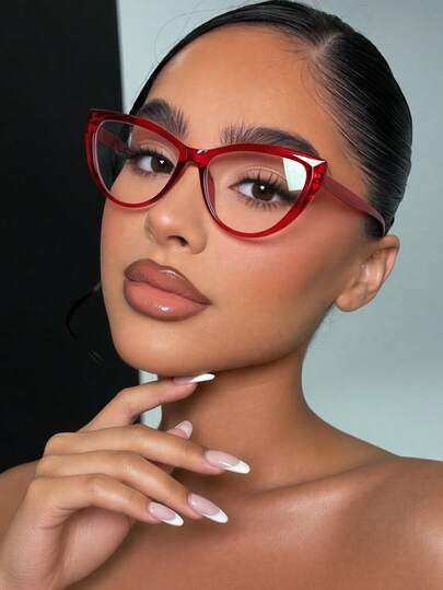 1 Pair Women's Burgundy Cat Eye PC Frame Plain Retro Fashion Office Simple Style Non-Prescription Glasses