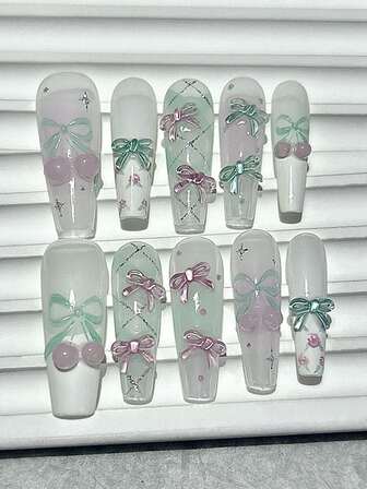 10片装春夏可爱波点蝴蝶结手工按压式美甲贴片，粉色薄荷绿樱桃色，可卸可重复使用美甲用品（1张果冻贴片+1个指甲锉）