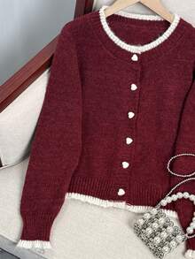 Wixra 2025 Autumn New Design Colorblock Heart Button Knit Cardigan, Versatile Women Sweater Jacket - Red - View 3