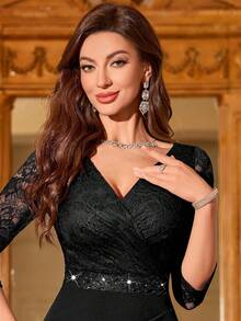 MIUSOL 花卉蕾丝V领七分袖亮片腰带下摆鸡尾酒会修身连衣裙，女士半正式服装，优雅女士服饰，女士职业装 - 黑色 - 查看 9