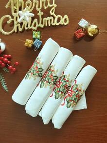 1/2/4 Stücke elegante bestickte Servietten, bunte Weihnachtsstickerei, grüne Weihnachtsblätter, rote Schleifen, Dekoration, können als Schutz vor Öl und Schmutz verwendet werden, geeignet für Zuhause, Weihnachtsdekoration, Feiertags-Dekoration, Party-Dining, Hochzeit, Restaurant, Küche, Innen- und Außenbereich, Camping, usw. - Verschiedenfarbig - Übersicht 1