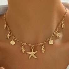 1PC 18K Gold-Plated Sea Star And Shell Pendant Necklace For Women – Versatile Summer Beach Style Accessory With Collarbone Chain, Lightweight Fashion Jewelry Perfect For Vacation, Everyday Wear, Or Gifts –  Coastal Statement Piece - 金色 - 查看 3