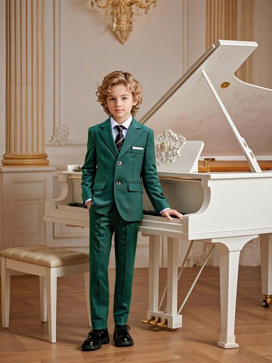 1 Set Boys' Fashionable Gentleman Suit: 1 Jacket, 1 Pant, 1 Tie, Suitable For Wedding, Performance, Party And Other Formal Occasions - Green - View 1