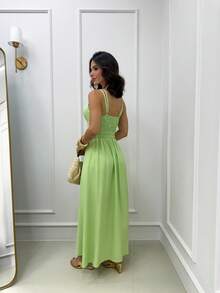 Long Dress With Double Straps And Ruched Detail On The Bust - Bơ xanh - Xem 4