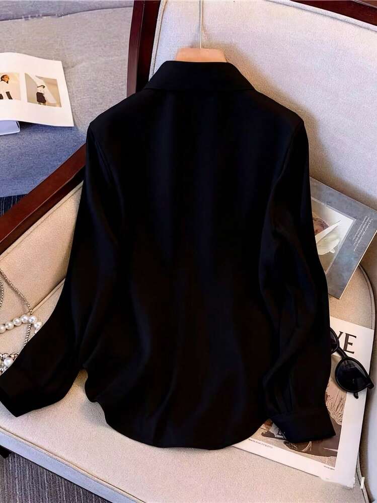 Camisa negra de primavera con botones y parches de lentejuelas brillantes para el escenario y conciertos - Negro - Añade 3