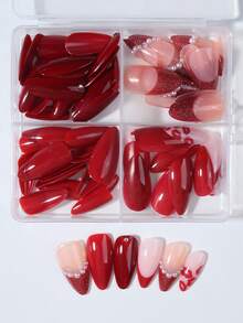 96pcs (4mixed ) Almond Red Tip Press On Nails, Red Cat's Eye French Acrylic Nail Tips Full Cover False Nail Tips Press On Nails ,Contain 1pc Jelly Glue And 1pc Nail File,With Storage Box As For Suitable For Women And Girls Daily Life And Party Use
