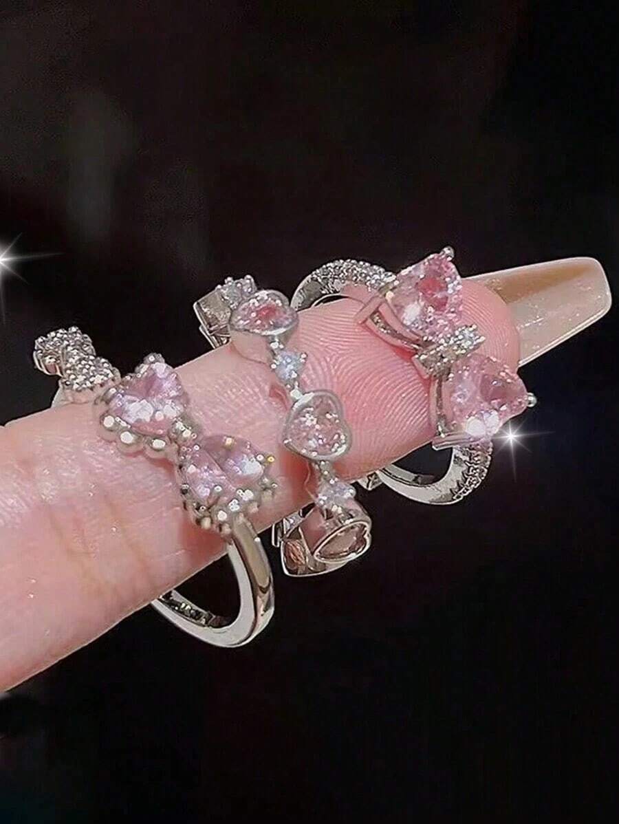 3pcs/Set Pink Heart & Bowknot & Rhinestone Decor Rings For Women, Great For Dating And Vacation Gifts - Multicolor - View 1