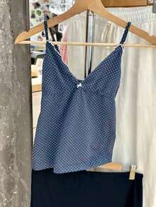 Sunny Girl Style Summer Valentine's Day Women's Y2K Back To School Casual Beach Vacation Sexy Polka Dot Print V-Neck Bow Decor Knit Top - Navy Blue - View 10