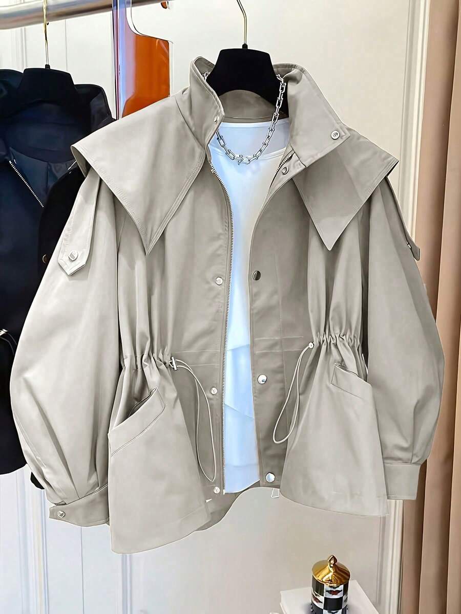 1pc Solid Color Woven Fabric Drawstring Pocket Front Button Trench Coat, Casual Spring/Autumn - Beige - View 1