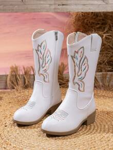 Girls' Comfortable & Fashionable Embroidered Sequin Splice Outdoor Casual High Heel Boots With Side Zipper - White - View 14
