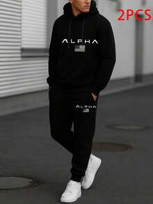 LPHA Letter Print- 2 Piece Set New Mens Casual Hoodie Casual Set For Slight Stretch - Spring Fall/Winter Casual Essentials | Machine Wash.Set For Running Gear, Sporty Design, Comfortable Training Hoodie. - 阿爾法 - 查看 2