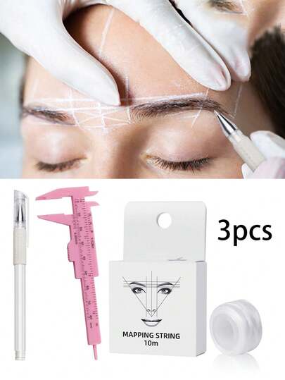 3pcs Thrush Tool Set - White Eyebrow Micro Carving Marking Pen, Mini Sized Plastic Eyebrow Gauge, Eyebrow Positioning Measurement And Staining Line, Skin Marking Pen, Eyebrow Permanent Makeup Tattoo Position Drawing Marking Tool.