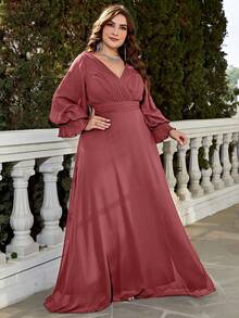 UNITHORSE Deep V-Neck Long Sleeve Pleated Chiffon Dress - Redwood - View 5