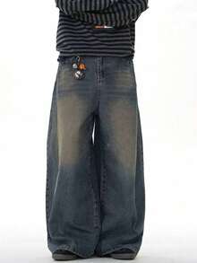 青少年复古水洗阔腿牛仔裤
