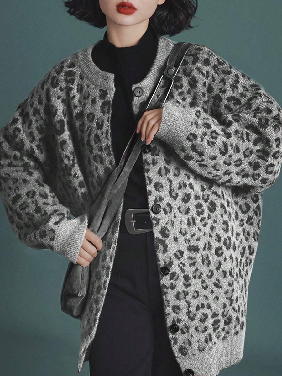 Alicedudu Cardigan col rond vintage à imprimé léopard pour femmes, automne/hiver