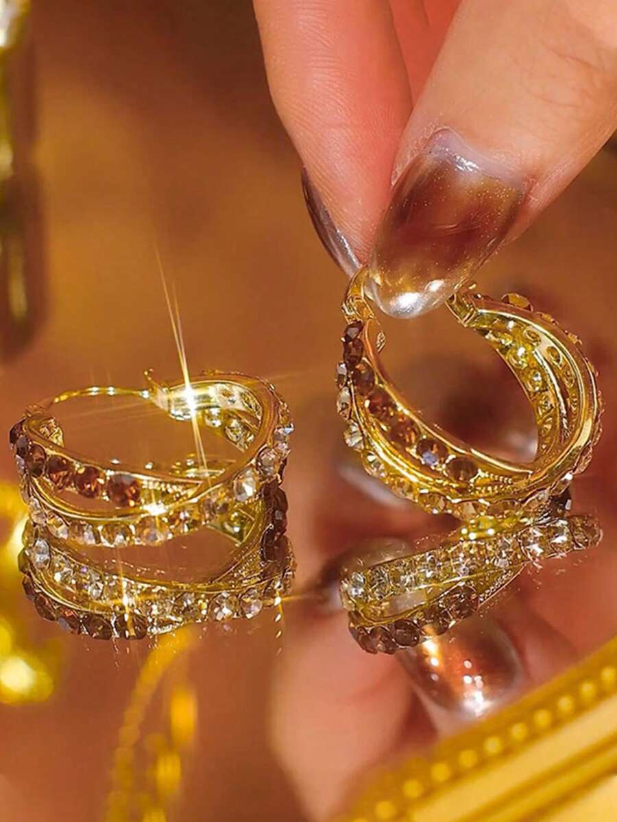 2pcs Autumn/Winter Maillard Color Fully Rhinestoned Criss-Cross Hoop Earrings, Luxurious, Elegant, High-End Sophisticated Earrings